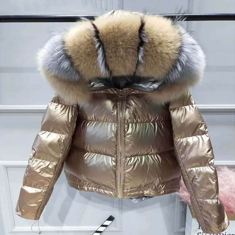 Women's Winter 90% White Duck Down Jacket Luxury Large Real Fox Fur Hooded Parka Warm Winter Jacket Pink Gold