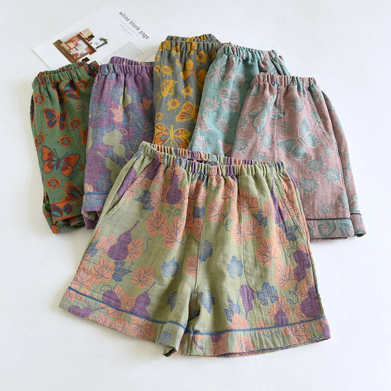 

Summer Women's Pajamas Shorts 100% Cotton Vintage Printed Sleep Pants Thin Loose Pocket Breathable Shorts Home Pants Female