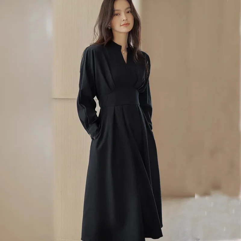 Plus Size QZ035 Women's Clothing V-Neck Dress 2024 Autumn New Style Waist-Fitted Slimming Long Large