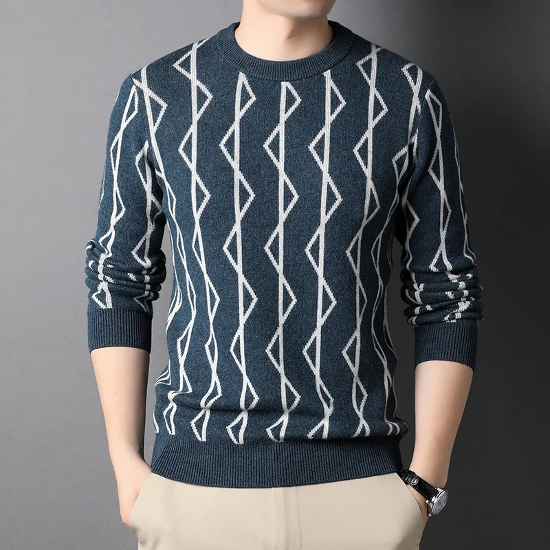 Men's Autumn and Winter Worsted Pure Wool round Neck Pullover Thickened Jacquard Warm Men's Knitted Bottoming Shirt