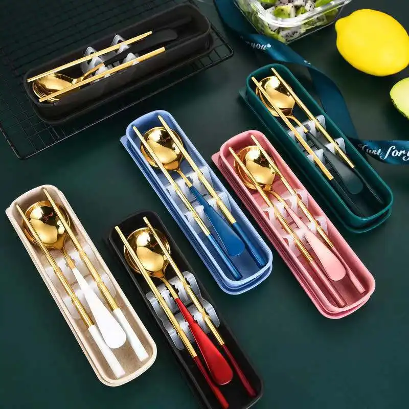 

304 Dinnerware Set Eco Friendly Dish Kitchen Accessories Fork Spoon Portable Cutlery Sets With Case Silverware Sets Gold Knife