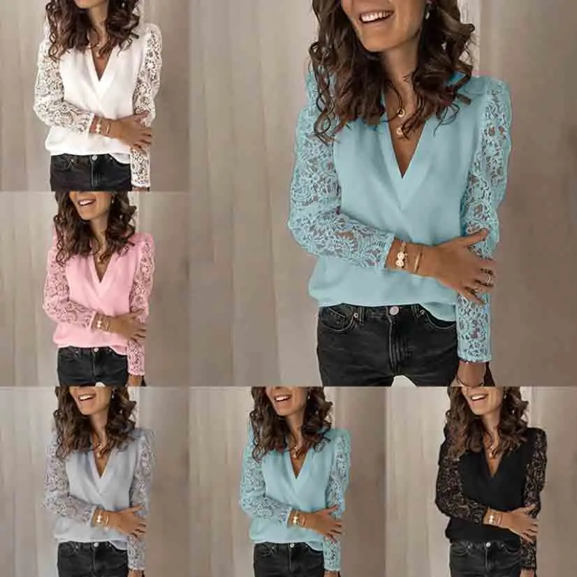 

New in 2022 Woman Blouses 2022 Lace Crop Top V Neck Female Streetwear Elegant Blouse Long Sleeve T-Shirts Ladies White Casual Sp