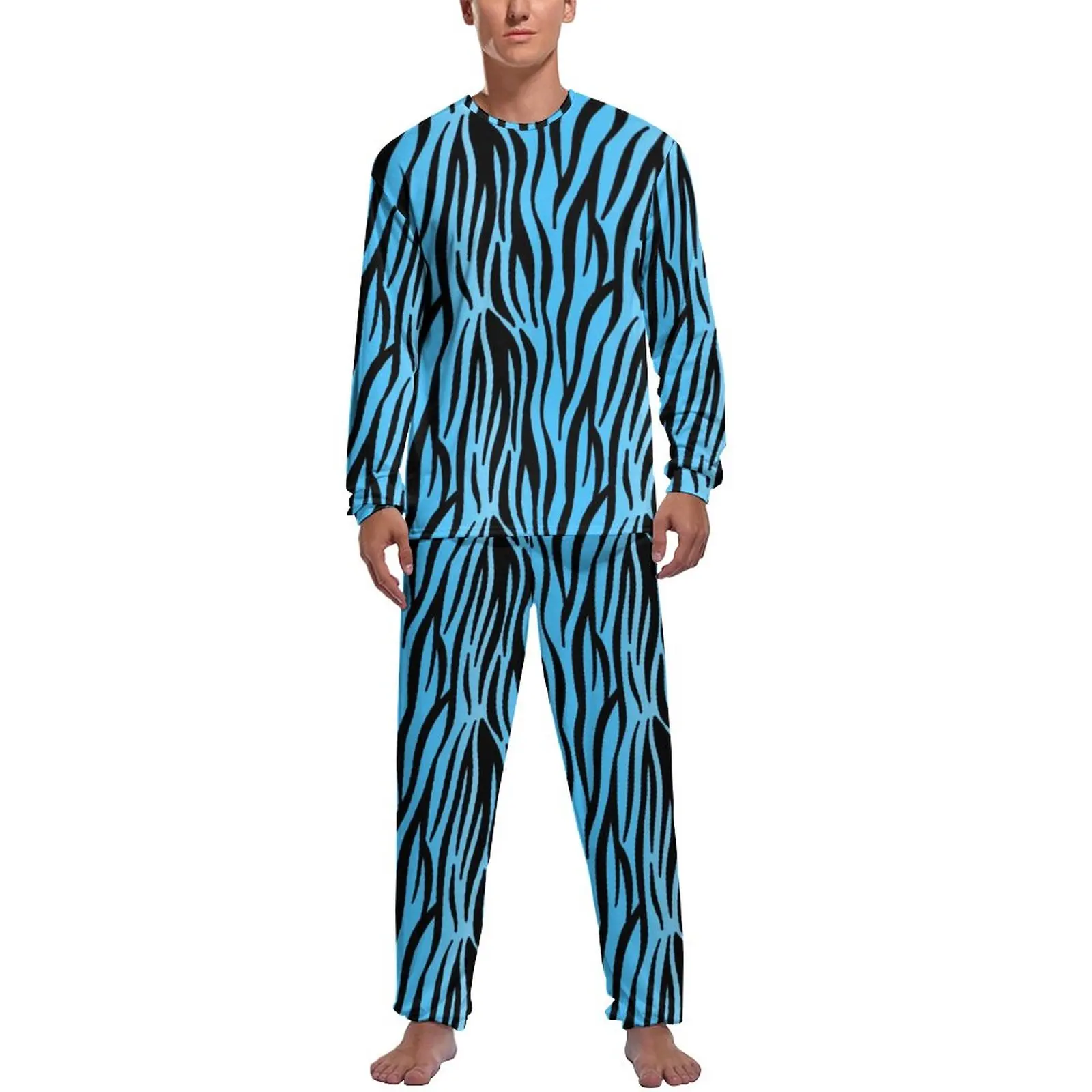 

Blue Tiger Print Pajamas Spring Two Piece Black Stripes Elegant Pajama Sets Mens Long-Sleeve Casual Graphic Nightwear