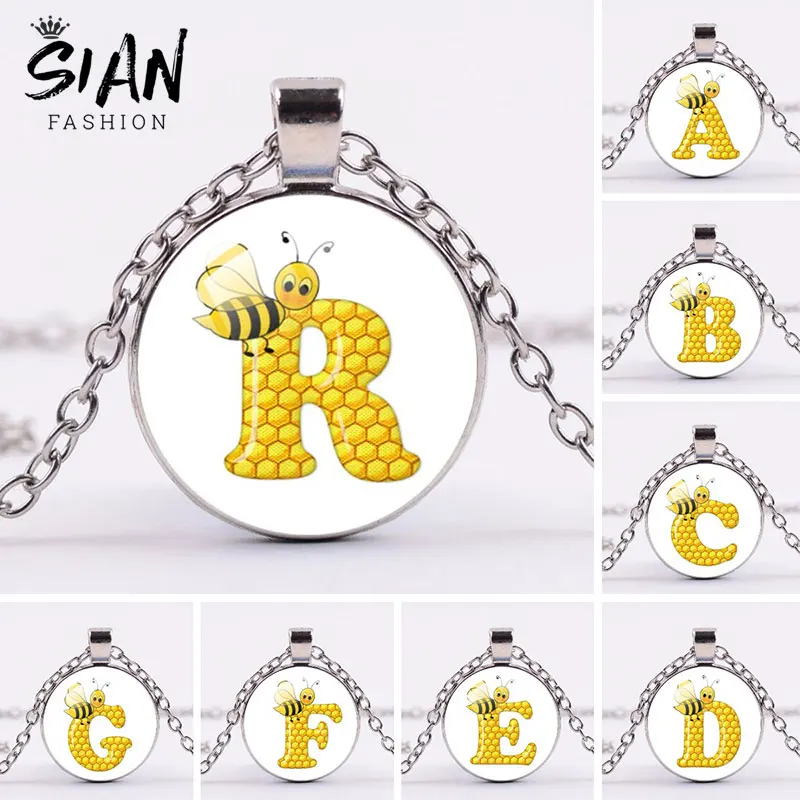 

Funny Cartoon Bee 26 Initial Letters Necklace Cute Honeycomb English Alphabet Necklaces Round Glass Cabochon Pendants Jewelry
