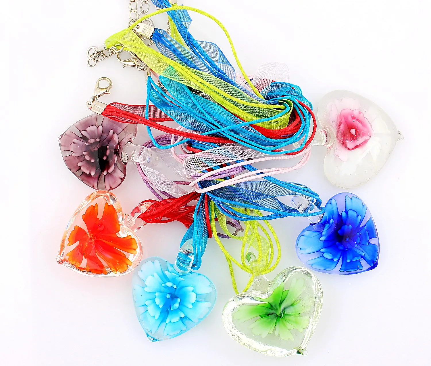 

Fashion Wholesale Lots 6pcs Handmade Murano Lampwork Glass Mixed Color Inside Flower Pendants Silk Cords Necklace New