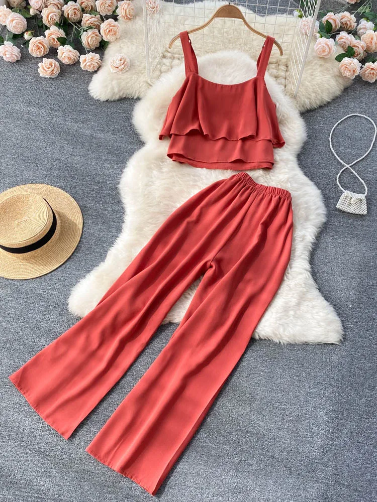 

2022 New Suit Female Ins Sexy Sling Square Collar Short Top High Waist Drape Wide Leg Pants Two-piece Suit Casual D972