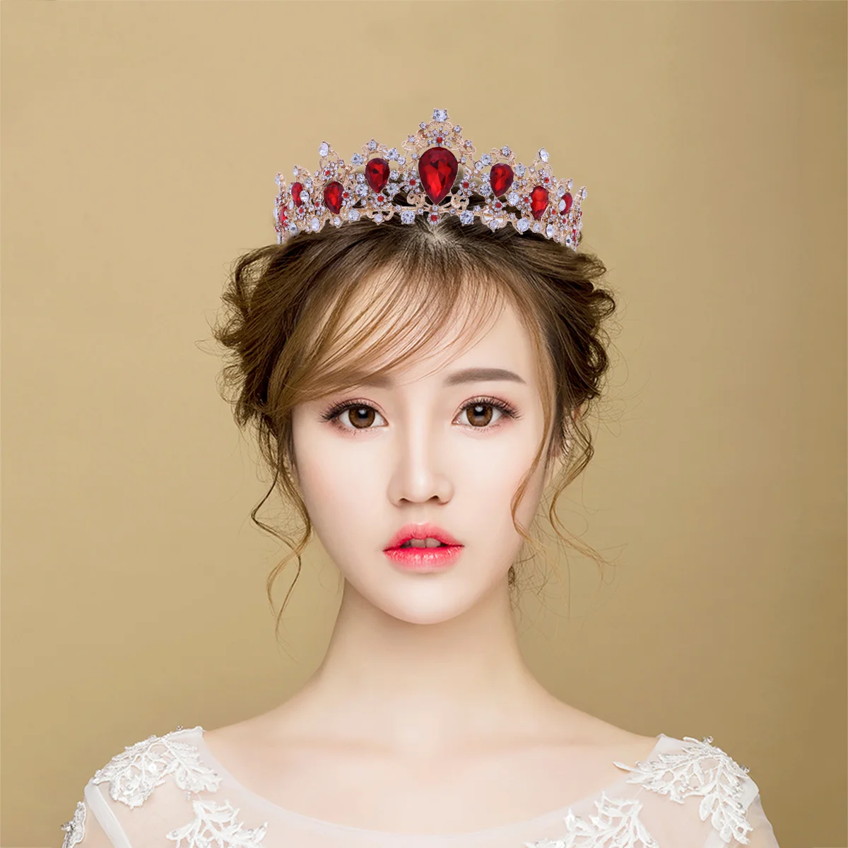 

Royal Crystal Tiara Wedding Crown Headpieces Bridal Hair Accessories (Red)