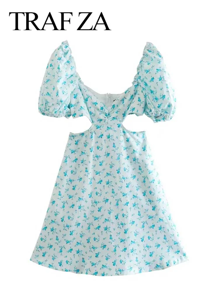 

TRAF ZA 2022 New Short Sleeve One Piece Short Dress Light Blue Floral Stretch Puff Sleeves Fresh and Elegant Women's Dress