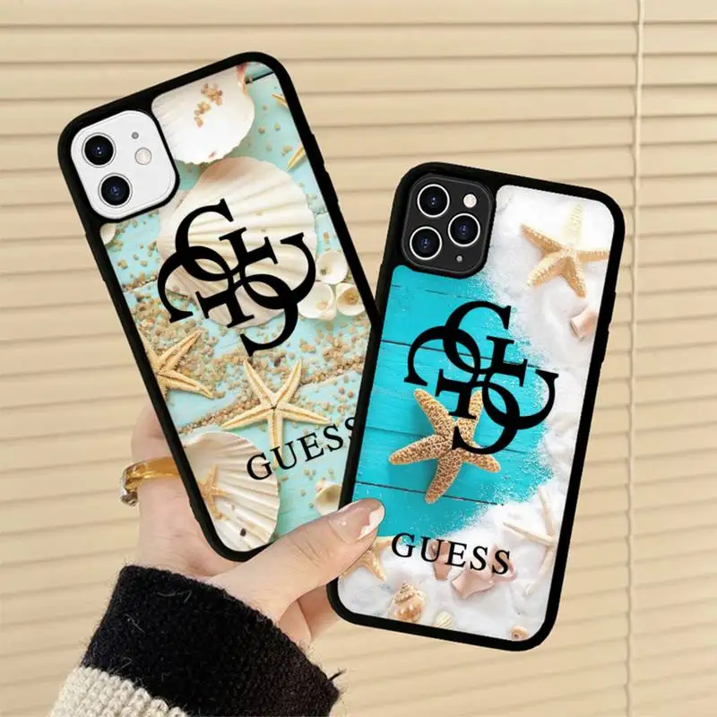 

Blue Wood Seashells Sea Star Brand Guess Phone Case Silicone PC+TPU Case for iPhone 11 12 13 Pro Max 8 7 6 Plus X SE XR