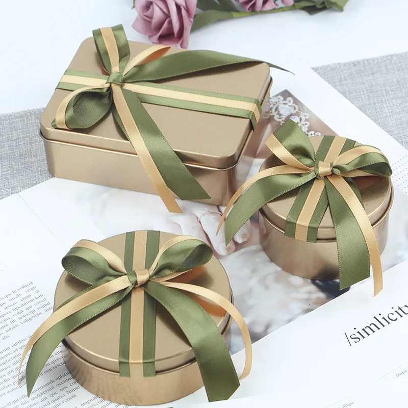 For Wedding Party Birthday Heart Shape Rectangle Square Circle Gift Green Ribbon Decor Iron Box Candy Jar