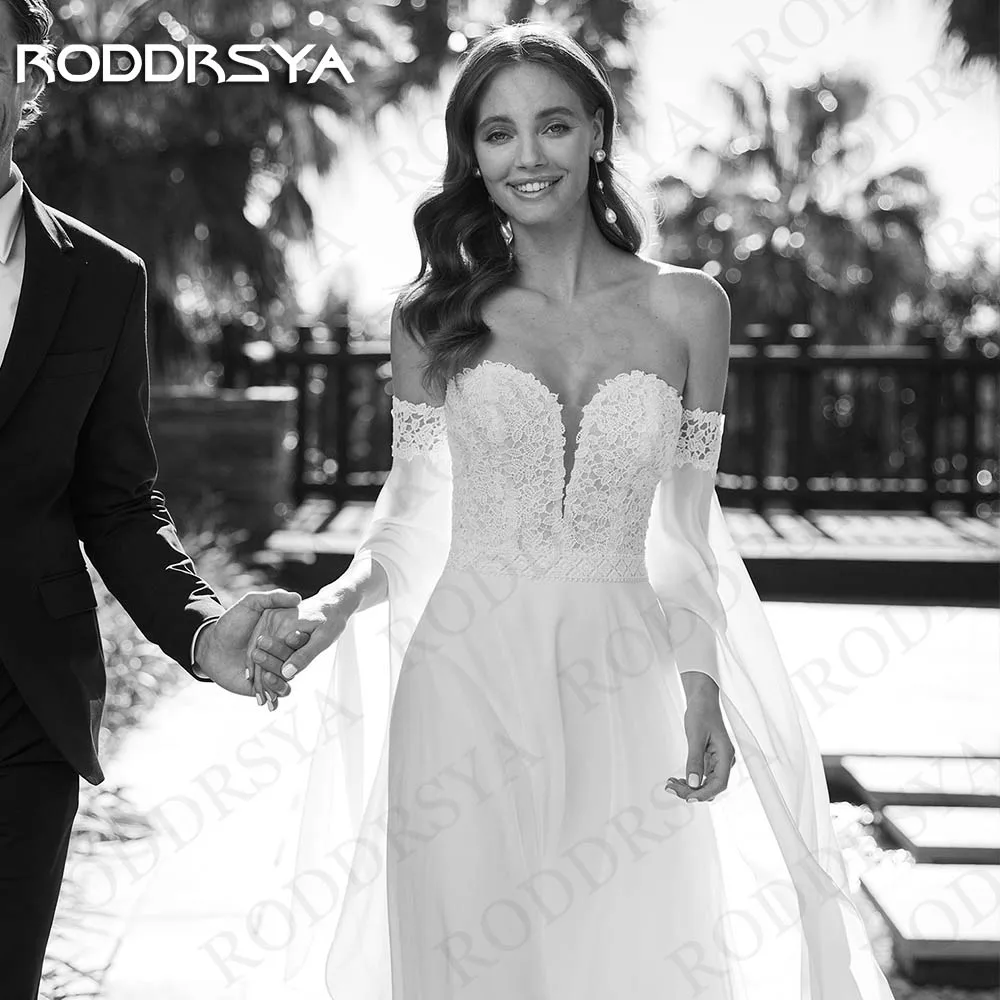 Фото Свадебное платье RODDRSYA в стиле бохо, шифоновые Свадебные платья для женщин, пляжные кружевные съемные рукава, а-силуэт для невесты suknia ślubna Boho Шифоновые Свадебные Платья Для Женщин  Пляжное кружево со съемным №3