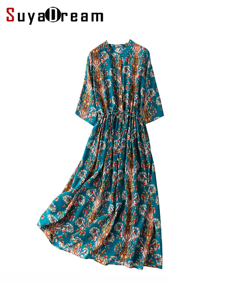 SuyaDream Woman Floral Dress 100%Silk Crepe De Chine Bohemian Printed Shirt Dresses 2022 Spring Summer Clothes