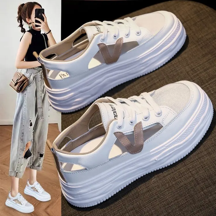 

Туфли женские на толстой подошве, повседневные Простые ажурные Туфли с круглым носком, со шнуровкой спереди, корейский стиль, белые, лето