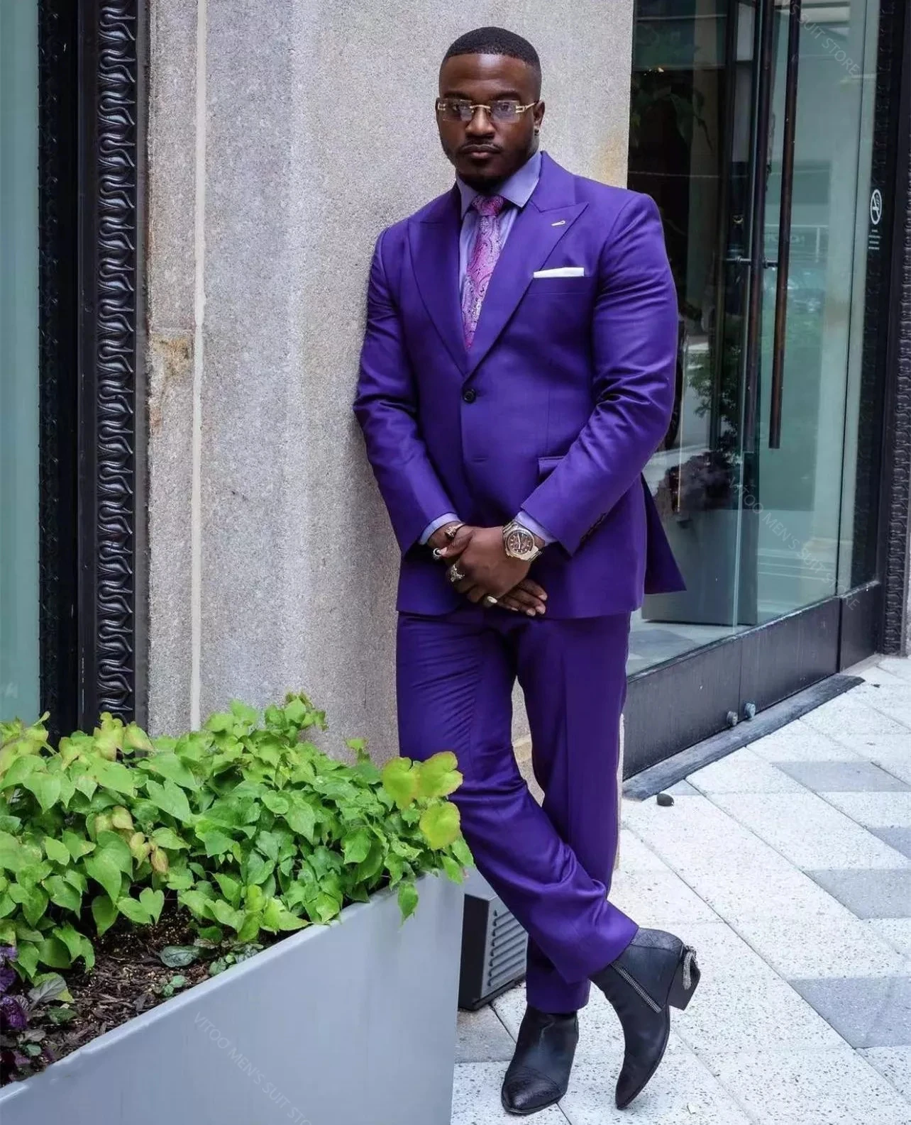 

2Pc Handsome Men's Suits Custom Made Purple Formal Wedding Groom Prom Wear Peaked Lapel Collar Blazer Trousers Male Jacket Pants