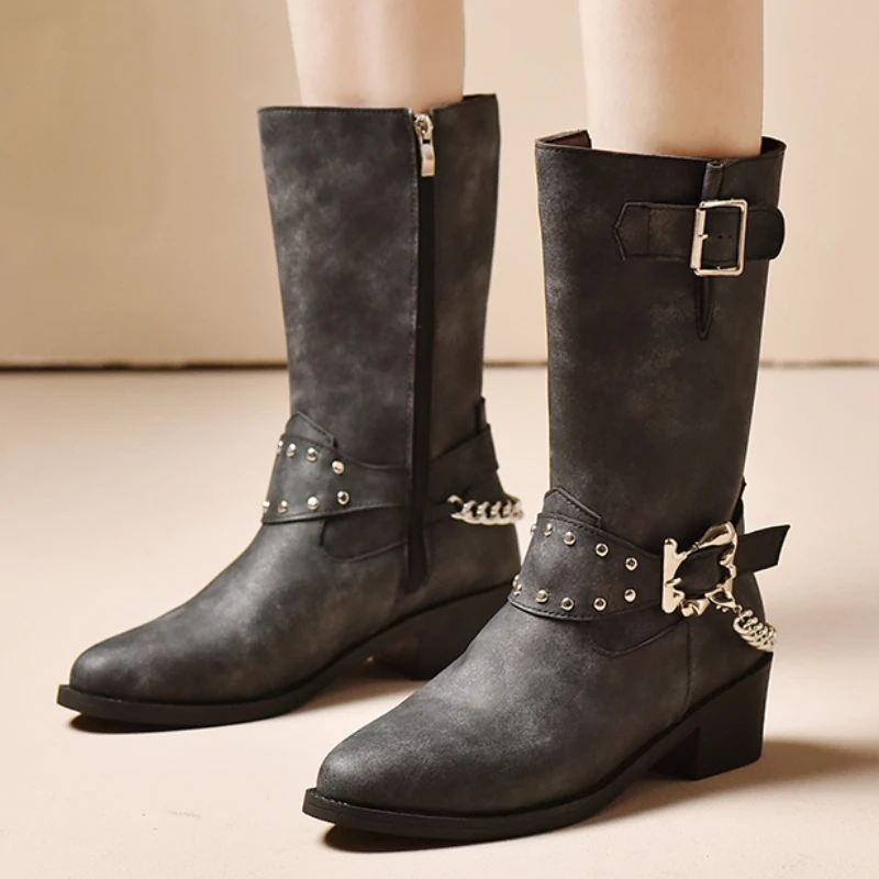 

Women Mid Calf Chain Chelsea Boots Pointed Toe Motorcycle Boots Winter New Mid Heels Shoes Zipper Gladiator Snow Pumps Botas