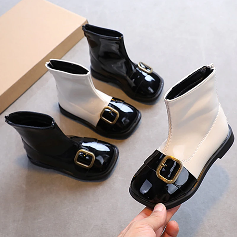 

Spring Autumn Buckle PU Patchwork Girl's Ankle Boots Zipper Design Kids Chelsea Shoes Soft Anti Slip Children Fashion Boots