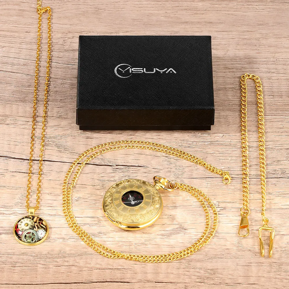 Luxury Gold/Bronze/Silver Quartz Pocket Watch Pedent Gift Set for Men Hollow Case Steampunk Clock Fob Watch Roman Numerals Dail
