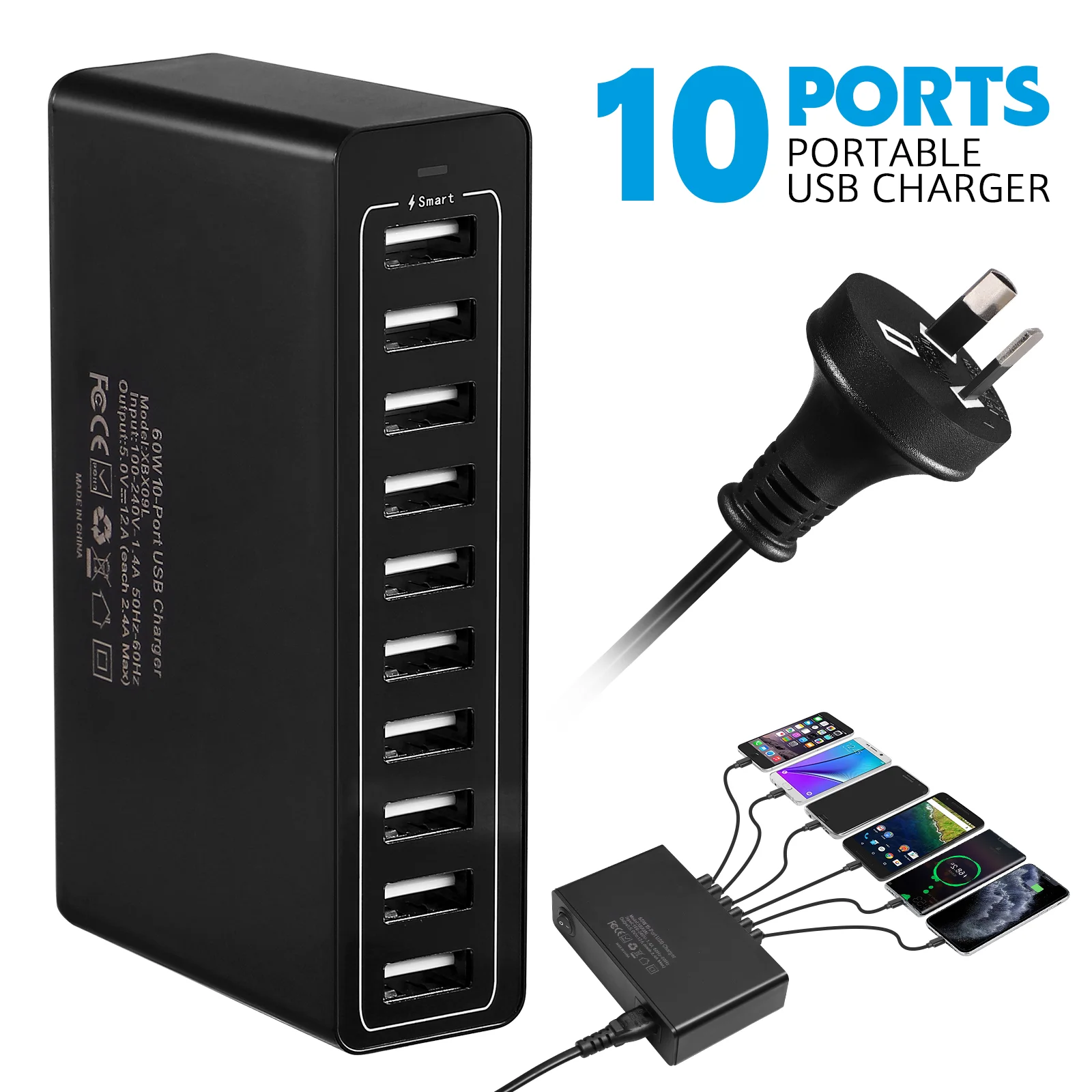 

10-Port 60W USB Charging Station Multiple Devices 12000mA USB Fast Household Travel Portable Multiport USB Hub