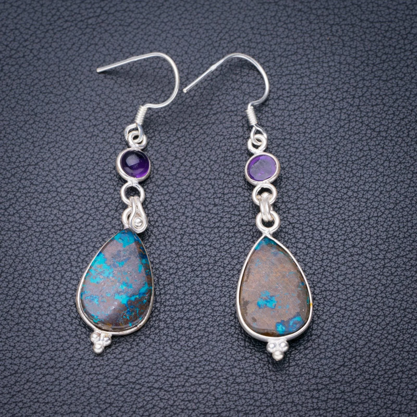 

StarGems Natural Chrysocolla Amethyst Handmade 925 Sterling Silver Earrings 2" E6304