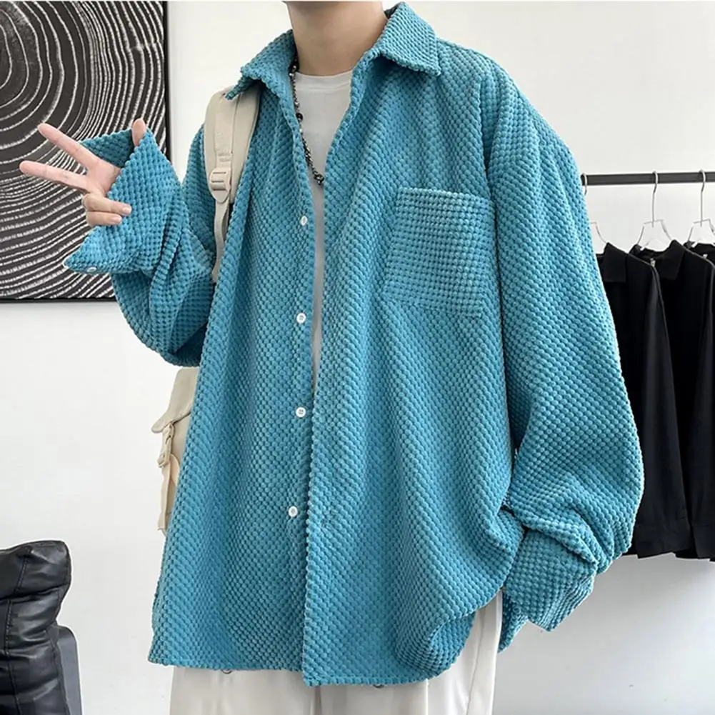 

Handsome Men Shirt Solid Color Dress Up Soft Single-breasted Men Spring Coat