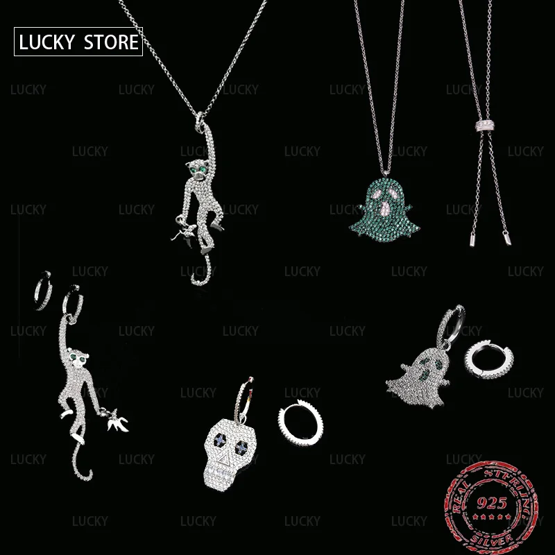 

S925 Sterling Silver Green Diamond ghost Necklace asymmetric white ghost personality interesting luxury jewelry