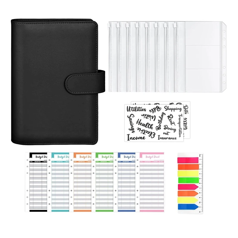 

19Pcs A6 PU Leather Notebook Budget Binder Set, with 8 Binder Pockets, 6-Ring Budget Binder Cover, Card Storage
