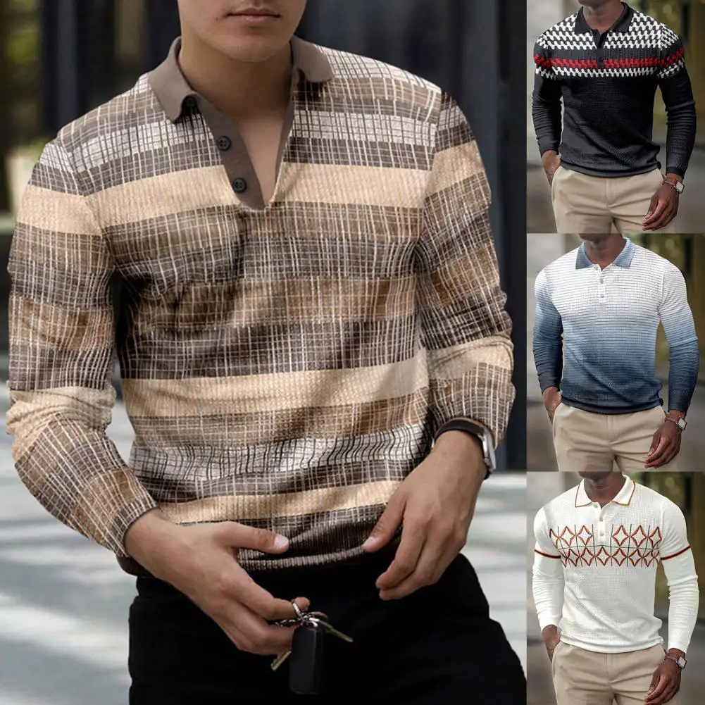 

Ethnic Style Long Sleeve Men Top Slim Fit Vintage Print Turn-Down Collar Shirt for Work
