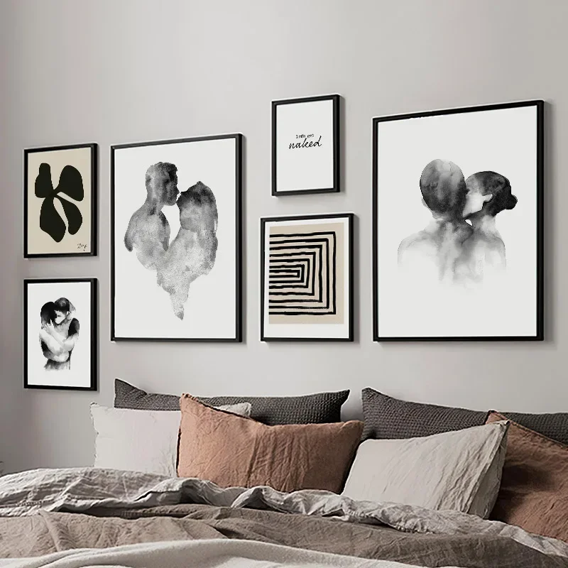 Черно-белая абстрактная поцелуи для пар постеры и принты Геометрическая Картина