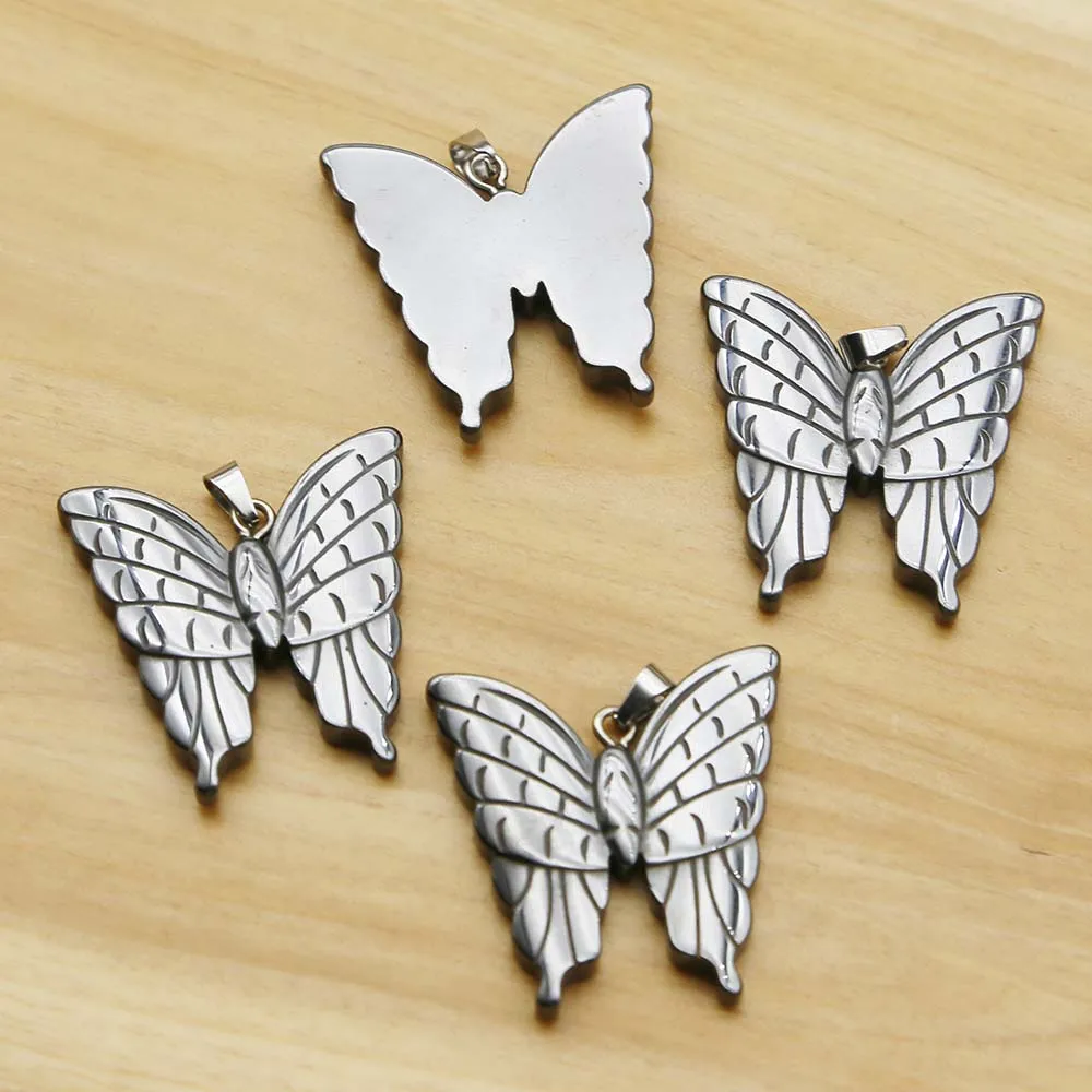 

Nature Stone Black Gallstone Butterfly Shape Hematite Pendant Necklace Reiki Charm Fashion Jewelry Gift Making Accessories 12Pcs
