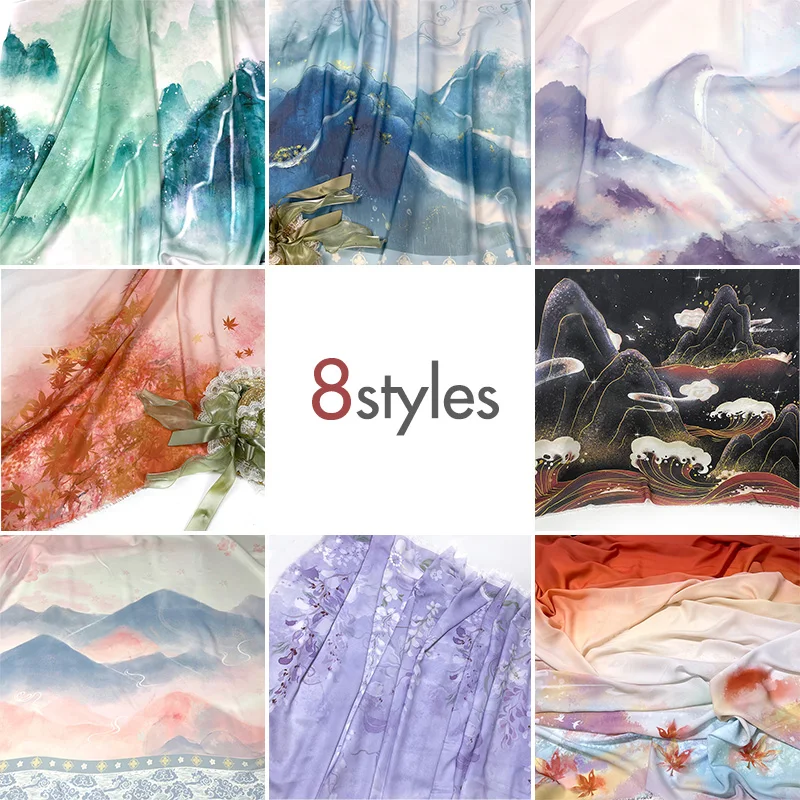 

1.5M Width Chinese Classical Landscape Scenery Printed Chiffon Fabric Hanfu Skirt Ancient Costume Sewing Cloth DIY Material 1M