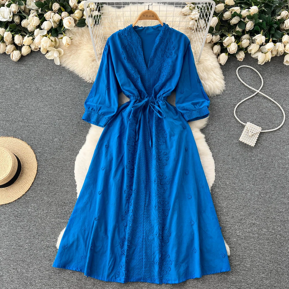 

Vintage V-Neck Puff Long Sleeve Women Dress 2022 New Drawstring High Waist Slim A-Line Frock Temperament Long Embroidery Dress