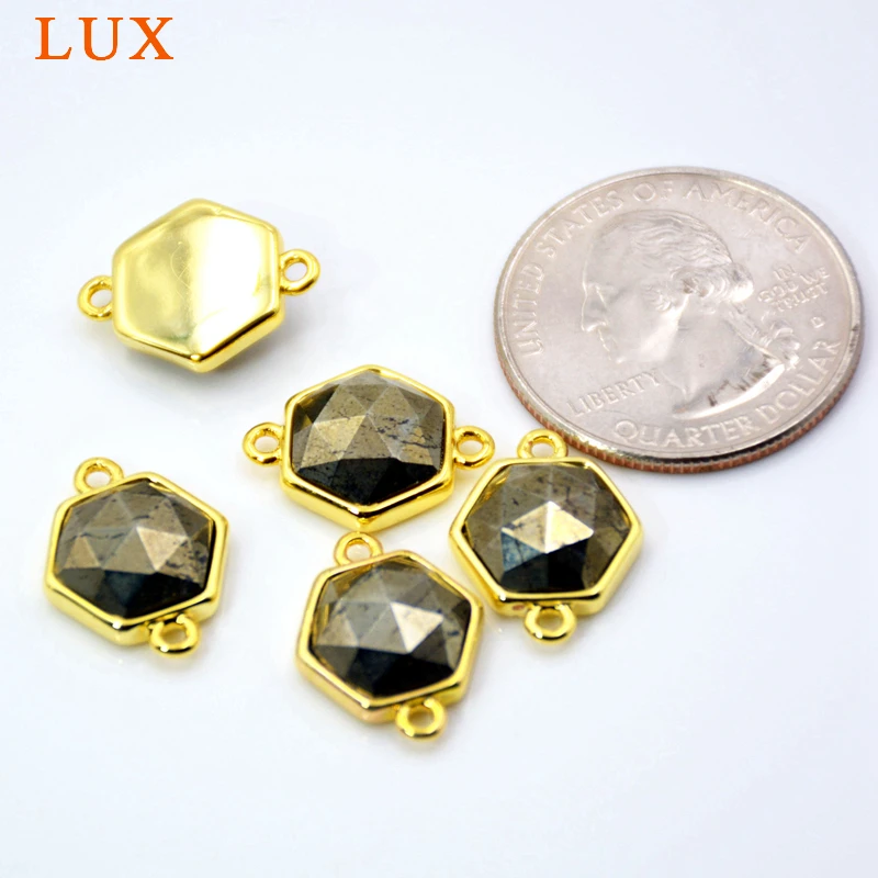Natural Faceted Pyrite Gold Hexagon Gemstone Connector Really Plating Setting Jewelry Charms Double Bail Pendant | Украшения и