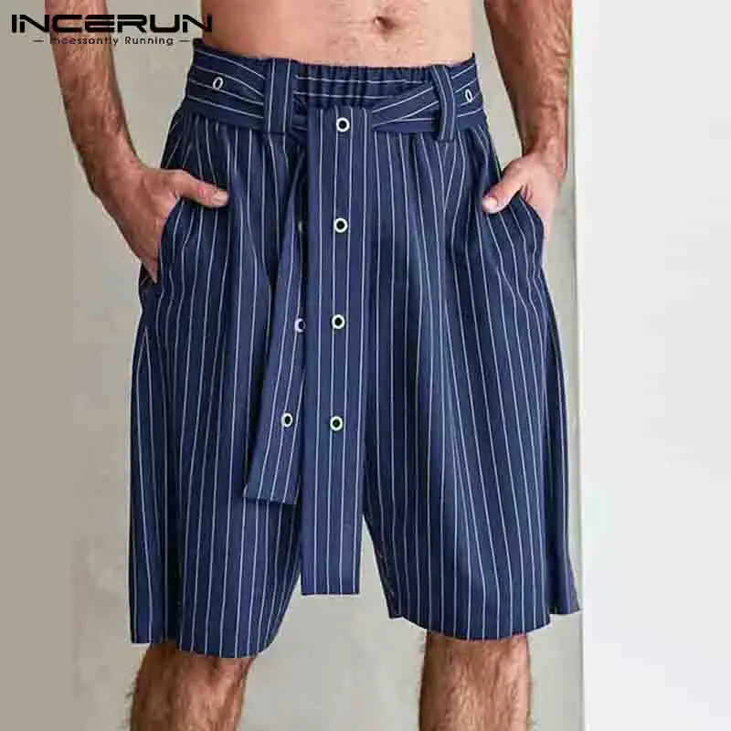 

Fashion Men Shorts Lace Up Loose Striped Pockets Streetwear Casual Wide Leg Shorts Leisure Men Bottoms With Belt INCERUN S-5XL