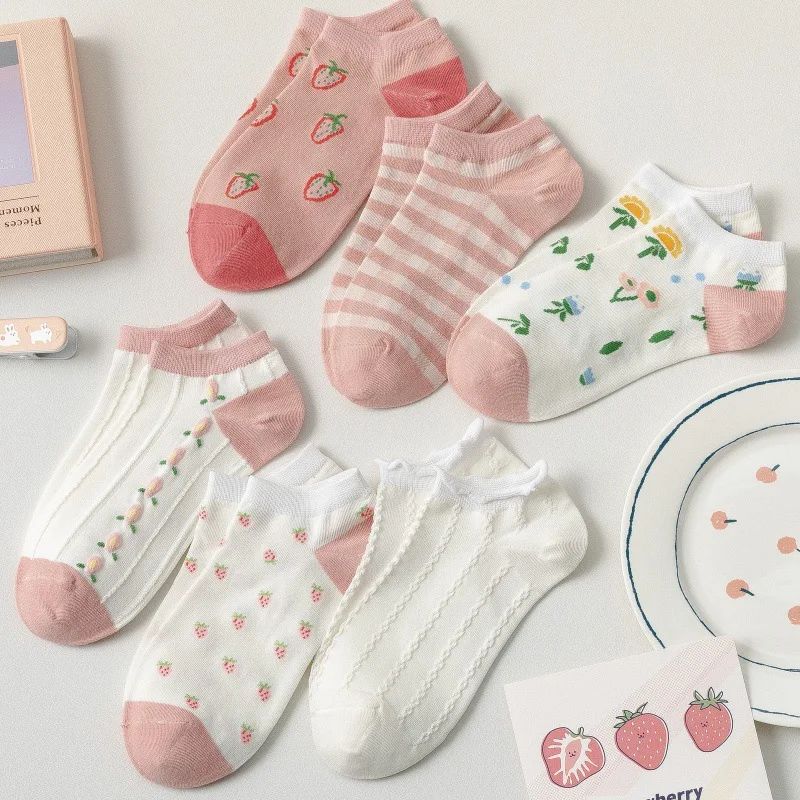 5Pairs/lot Women Socks Sets Elegant Low Tube Breathable Casual Cotton Short Kawaii Cute Designer Socks