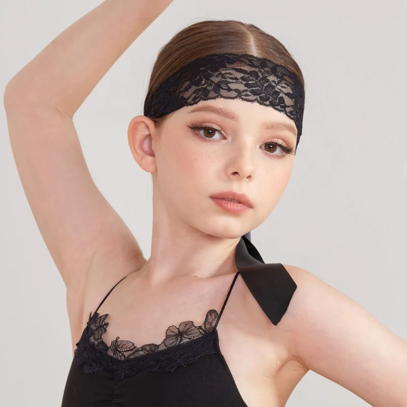 Повязка на голову для латинских танцев девочек черные атласные кружевные ленты