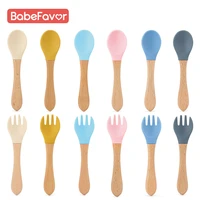 2pcs choose food grade silicone tips baby feeding training spoon and fork set with wooden handle infant eat independently