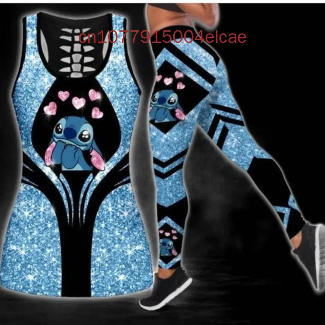 Женские полые майки Disney Stitch комплект для йоги летние леггинсы фитнеса спортивный