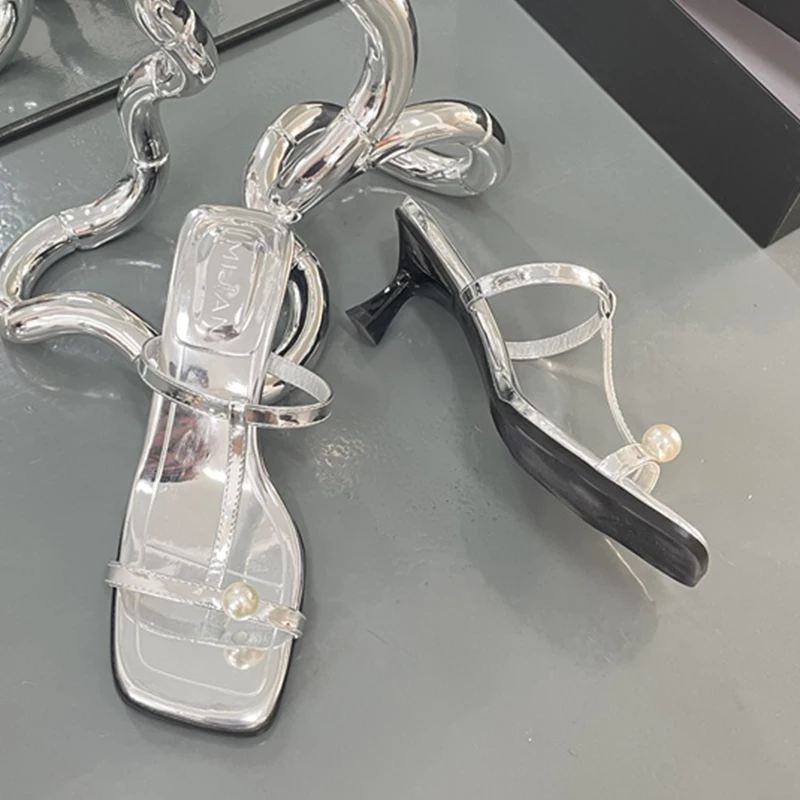 

Women Pumps Silver Thin High Heels Sandals Female Slides Casual Outside Woman Pearl 2022 Summer New Square Toe Ladies Shoes