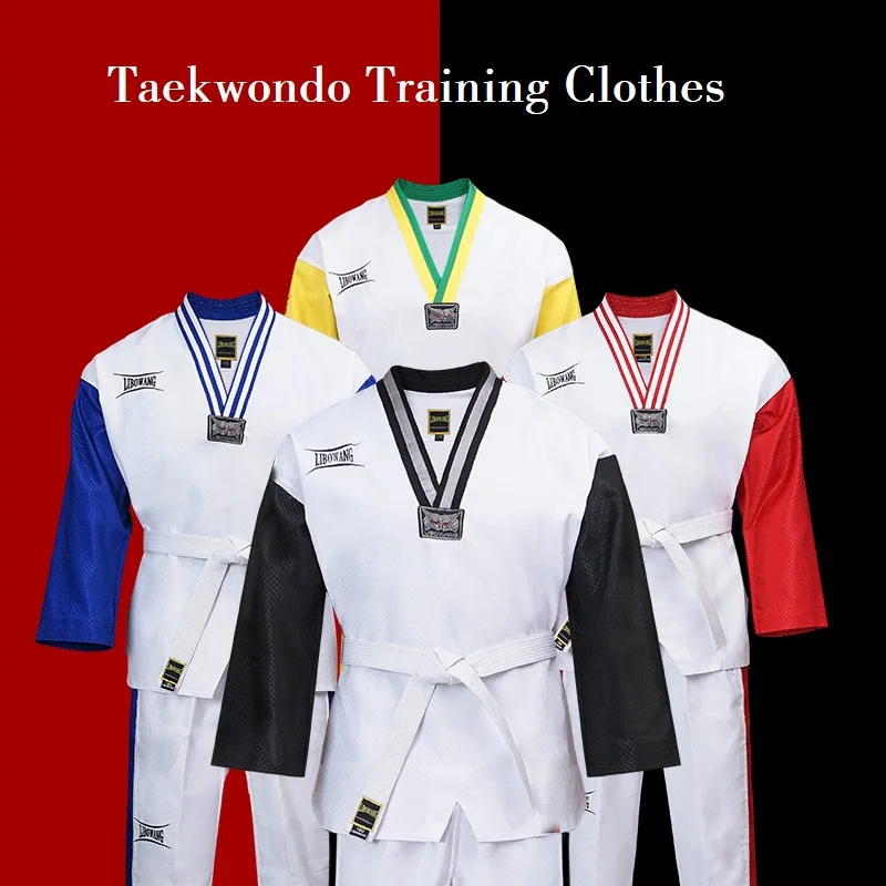 

Top Quality Colored Taekwondo Uniform for Adult Children Teenagers Poomsae Dobok Red Blue Black tae kwon do Clothes WTF Approved