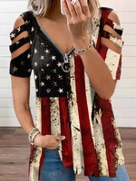 american flag star striped zipper t shirt short sleeve top women vintage tees tops fashion print 2022 graphic shirts plus size