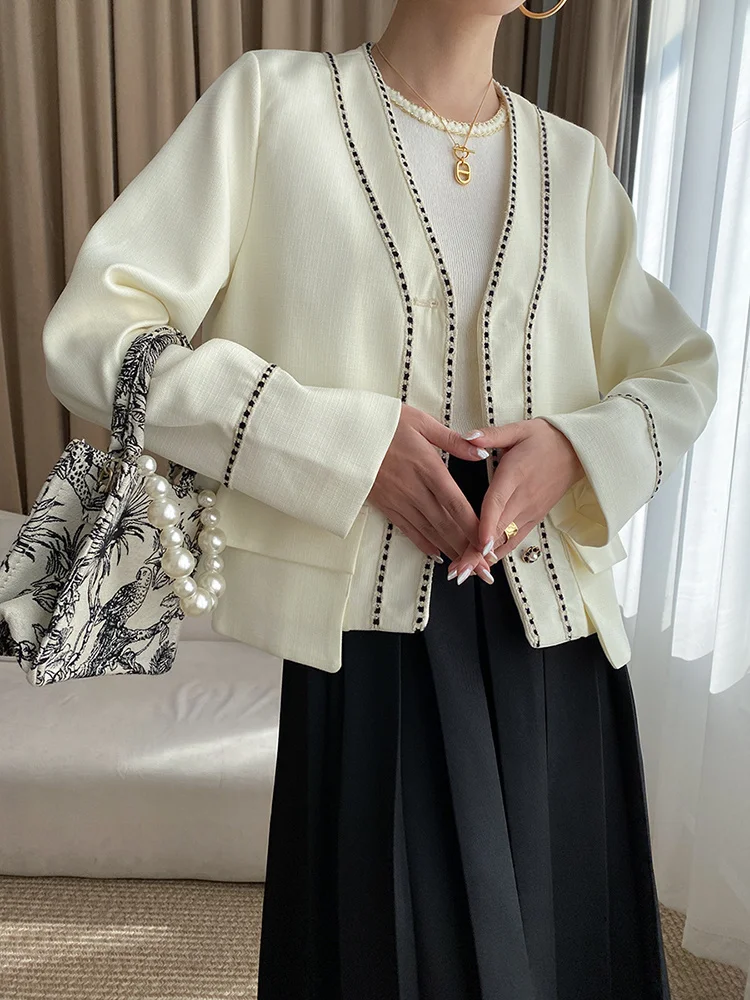 

Женская куртка с длинным рукавом, черная Элегантная куртка в полоску, с V-образным вырезом, M437, весна-лето 2023