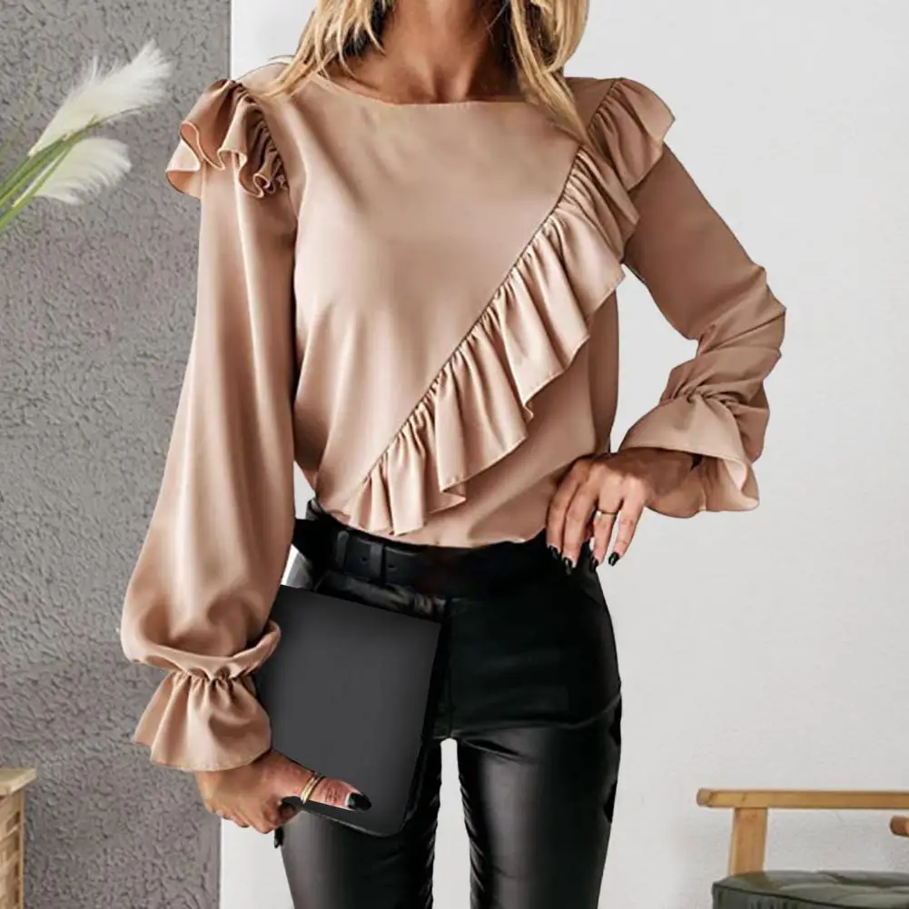 

Ladies Chic Tunic Tops Spring Office Ruffles Apricot Shirts Women Long Sleeve Elegant Work Flounce Pleated Blouse Female Blusas