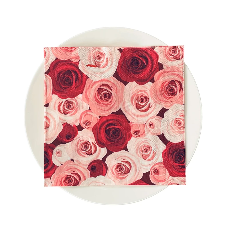 

20pcs/Pack of 2 Layers Valentine's Day wedding Decorations table tissue rose floral print Disposable Party Colorful Napkins