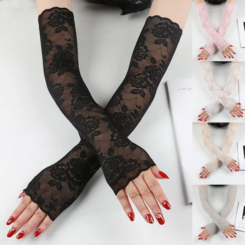 

Fashion Solid Ice Silk Sunscreen Arm Cuff Lace Arm Cover Classic Flower Arm Sleeve Summer