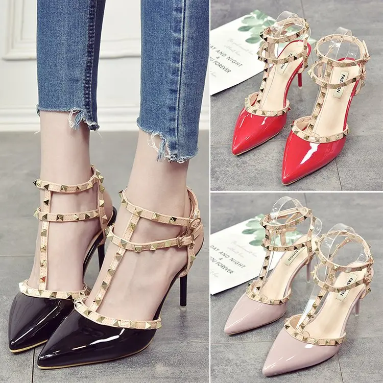 

2022 Classic Womens Rivet Pointed High Heels Sexy Stilettos Ladies High Heel Sandals Fashion Pu Leather Non-slip Sandals