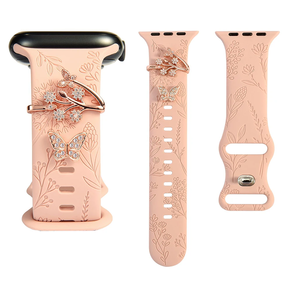 Carved Pattern Slicone band for Apple Watch 40mm 41mm 44mm 45mm 49mm Sport bracelet Strap with decoration charms for iwatch 8 7