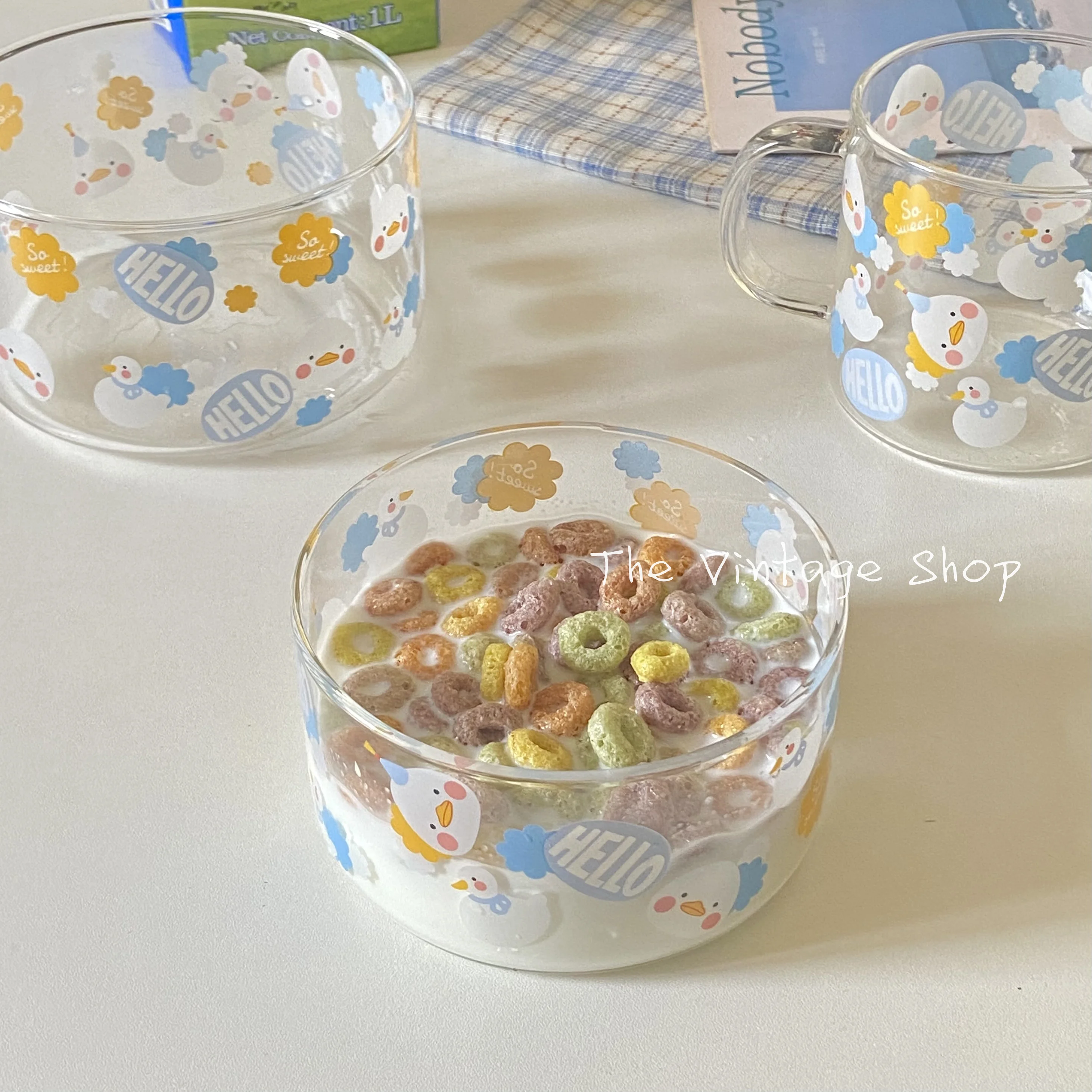 

Cute Little Duck Printed Glass Bowl Cartoon Milk Cup Transparent Glassware Set