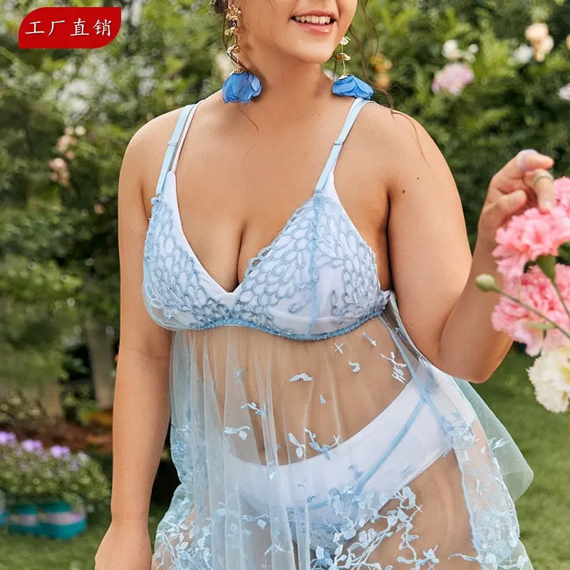 

European and American ladies sexy mesh embroidery hollow suspender skirt thong sexy lingerie set
