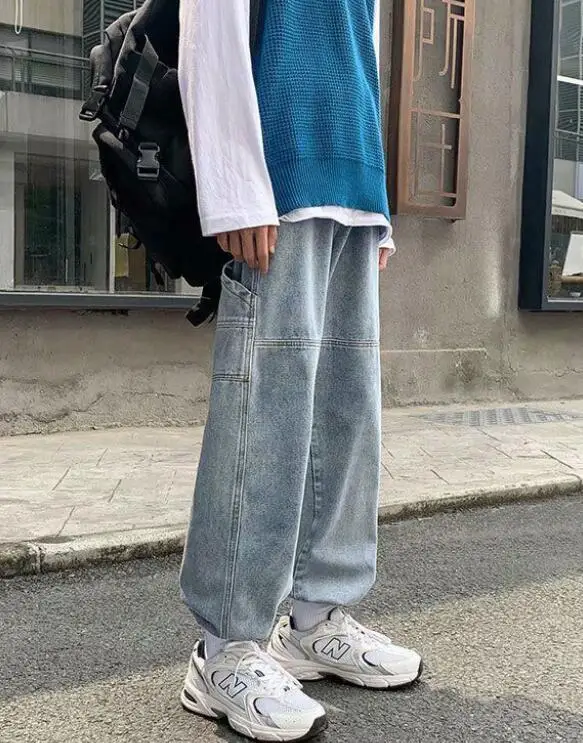 Elastic Waist Jeans Men's Straight Loose Hip Hop Street Jeans Mopping Wide Leg Daddy Pants