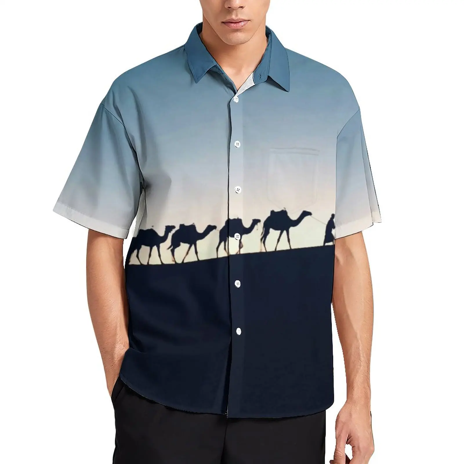 

Desert Sunset Blouses Men Camels Print Casual Shirts Hawaii Short Sleeve Custom Fashion Oversize Beach Shirt Gift Idea